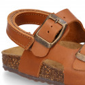 Cowhide leather kids sandals BIO style with hook and loop strap and side buckles.