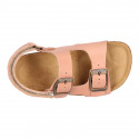 Cowhide leather kids sandals BIO style with hook and loop strap and side buckles.