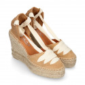 Suede leather wedge woman espadrilles shoes with ribbons closure.