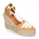 Suede leather wedge woman espadrilles shoes with ribbons closure.