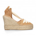 Suede leather wedge woman espadrilles shoes with ribbons closure.