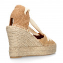 Suede leather wedge woman espadrilles shoes with ribbons closure.
