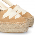 Suede leather wedge woman espadrilles shoes with ribbons closure.