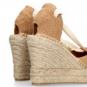 Suede leather wedge woman espadrilles shoes with ribbons closure.