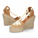 Suede leather wedge woman espadrilles shoes with ribbons closure.