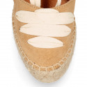 Suede leather wedge woman espadrilles shoes with ribbons closure.