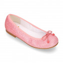 Classic FINE GLITTER girl ballet flats with elastic contour and ribbon.