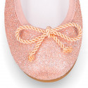 Classic FINE GLITTER girl ballet flats with elastic contour and ribbon.