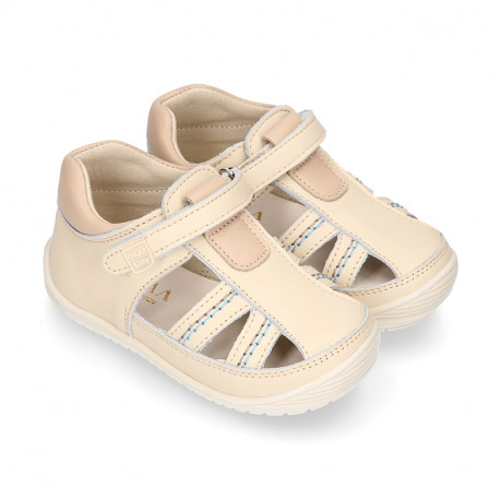 Sandalia niños OKAA FLEX sin cordones en Piel Napa BEIGE.