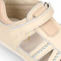 IVORY Nappa leather OKAA FLEX kids Sandal shoes laceless and with toe cap.