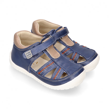 MEDIUM BLUE Nappa leather OKAA FLEX kids Sandal shoes laceless and with toe cap.