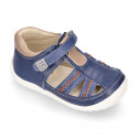 MEDIUM BLUE Nappa leather OKAA FLEX kids Sandal shoes laceless and with toe cap.