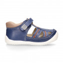 MEDIUM BLUE Nappa leather OKAA FLEX kids Sandal shoes laceless and with toe cap.