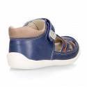 MEDIUM BLUE Nappa leather OKAA FLEX kids Sandal shoes laceless and with toe cap.