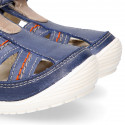 MEDIUM BLUE Nappa leather OKAA FLEX kids Sandal shoes laceless and with toe cap.