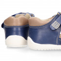 MEDIUM BLUE Nappa leather OKAA FLEX kids Sandal shoes laceless and with toe cap.