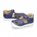 MEDIUM BLUE Nappa leather OKAA FLEX kids Sandal shoes laceless and with toe cap.