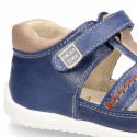 MEDIUM BLUE Nappa leather OKAA FLEX kids Sandal shoes laceless and with toe cap.