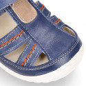 MEDIUM BLUE Nappa leather OKAA FLEX kids Sandal shoes laceless and with toe cap.