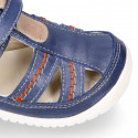 MEDIUM BLUE Nappa leather OKAA FLEX kids Sandal shoes laceless and with toe cap.