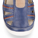 MEDIUM BLUE Nappa leather OKAA FLEX kids Sandal shoes laceless and with toe cap.