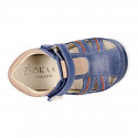 MEDIUM BLUE Nappa leather OKAA FLEX kids Sandal shoes laceless and with toe cap.