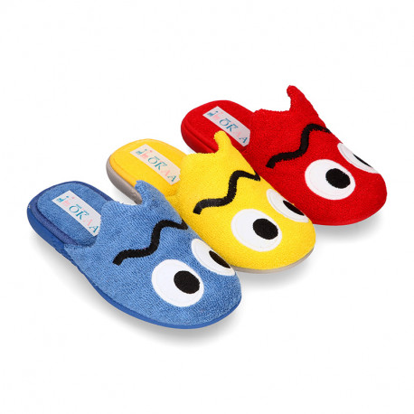 FUNNY Terry cloth Home shoes with open heel design.