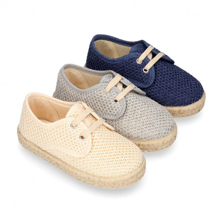 Kids CROCHET Cotton canvas Laces up shoes Espadrille style design.