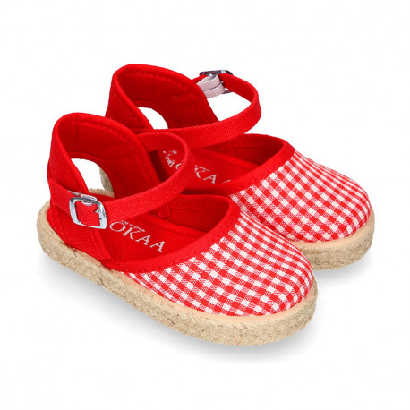 RED VICHY Cotton Canvas Girl espadrille shoes with buckle fastening.