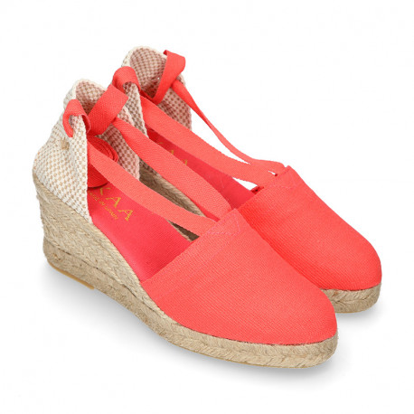 CORAL Cotton canvas classic Woman wedge espadrilles shoes Valenciana style.