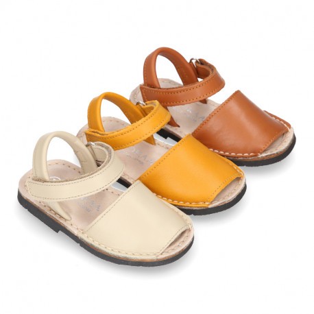 SOFT leather Kids Menorquina sandals with hook and loop strap in seasonal colors.