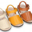 SOFT leather Kids Menorquina sandals with hook and loop strap in seasonal colors.