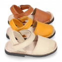 SOFT leather Kids Menorquina sandals with hook and loop strap in seasonal colors.