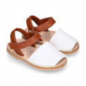 Combined nappa leather Kids Menorquina sandal shoes with hook and loop strap closure.