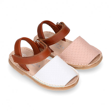 Combined nappa leather Kids Menorquina sandal shoes with hook and loop strap closure.