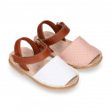 Combined nappa leather Kids Menorquina sandal shoes with hook and loop strap closure.