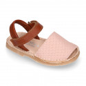 Combined nappa leather Kids Menorquina sandal shoes with hook and loop strap closure.