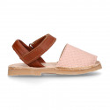 Combined nappa leather Kids Menorquina sandal shoes with hook and loop strap closure.