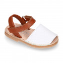 Combined nappa leather Kids Menorquina sandal shoes with hook and loop strap closure.