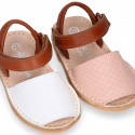 Combined nappa leather Kids Menorquina sandal shoes with hook and loop strap closure.