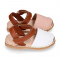 Combined nappa leather Kids Menorquina sandal shoes with hook and loop strap closure.