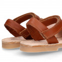 Combined nappa leather Kids Menorquina sandal shoes with hook and loop strap closure.