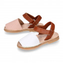 Combined nappa leather Kids Menorquina sandal shoes with hook and loop strap closure.