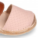 Combined nappa leather Kids Menorquina sandal shoes with hook and loop strap closure.