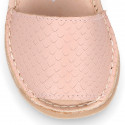 Combined nappa leather Kids Menorquina sandal shoes with hook and loop strap closure.