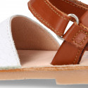 Combined nappa leather Kids Menorquina sandal shoes with hook and loop strap closure.