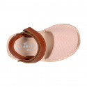Combined nappa leather Kids Menorquina sandal shoes with hook and loop strap closure.