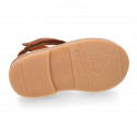 Combined nappa leather Kids Menorquina sandal shoes with hook and loop strap closure.