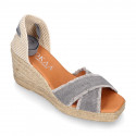 Cotton canvas wedge woman espadrilles shoes SANDAL style with ribbons closure.