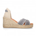 Cotton canvas wedge woman espadrilles shoes SANDAL style with ribbons closure.